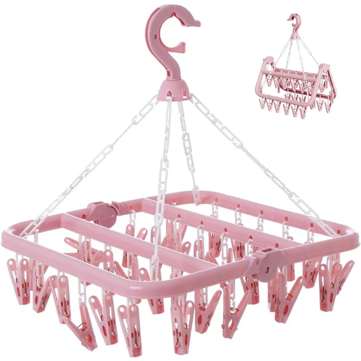 Plastic Compact Laundry Hanging Rack - Eco-Friendly Durable Plastic Hangers with 32 Clips, Foldable Design, 360° Rotatable Hook, Wall-Mount Option, Adjustable Travel-Ready Organizer for Socks, Baby Clothes
