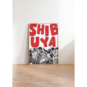 Tokyo Shibuya Crossing Minimalist Wall Art Poster Retro Home Decor Red Black Mid Century Decor