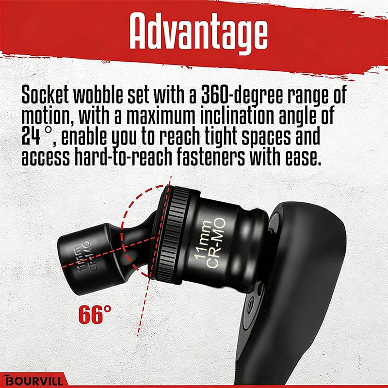 15-Piece 3/8" Drive Shallow Universal Impact Socket Set, 6-Point, Metric, 8-22mm, 15-Piece Swivel Socket Set, Metric Flexible Wobble Sockets, CR-MO Steel