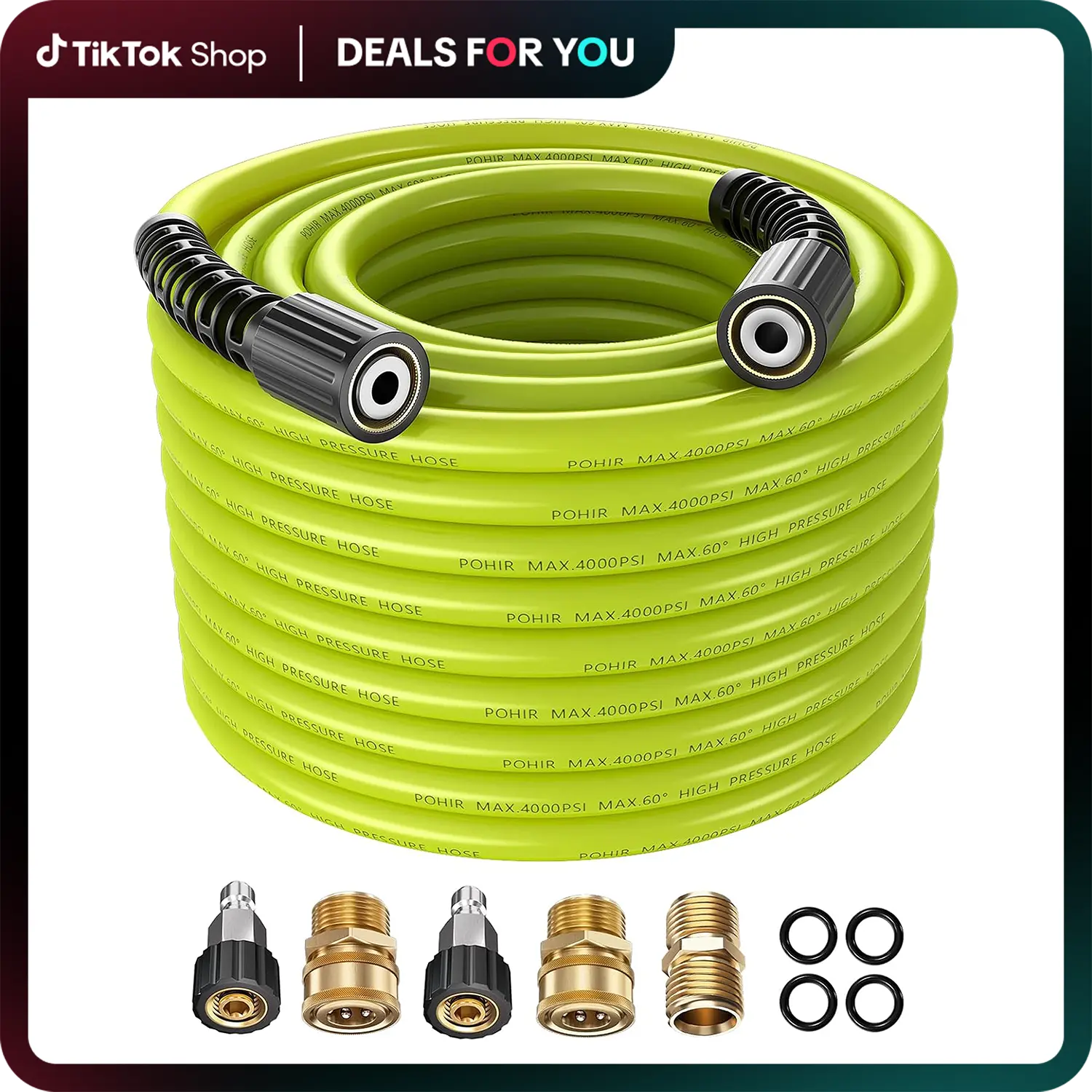 POHIR Summervibes High-Pressure Washer Hose, 1/4" x 50FT Kink-Free 4000 PSI Rubber Flexible Hose Pipes, M22 Pipe Fittings & Accessories, 3/8" Quick Connect Adapters, Extension for Pressure Cleaning Tools, Flexible Hose Pipes, Pipe Fittings & Accessories