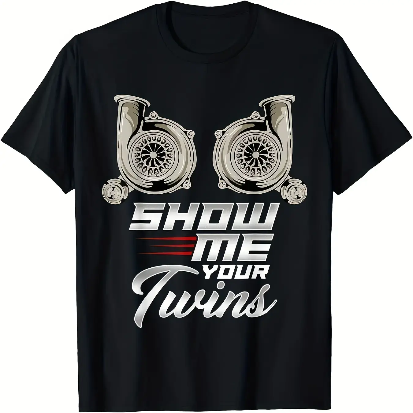 Men's Cotton Short-Sleeve Top - Humorous Turbo Racing Menswear Tee, 100% 180gsm Fabric, Twin Turbos Graphic, Vintage Black, Round Neck, Easy to Wash, Comfortable Casual Sportswear, Shortsleeve