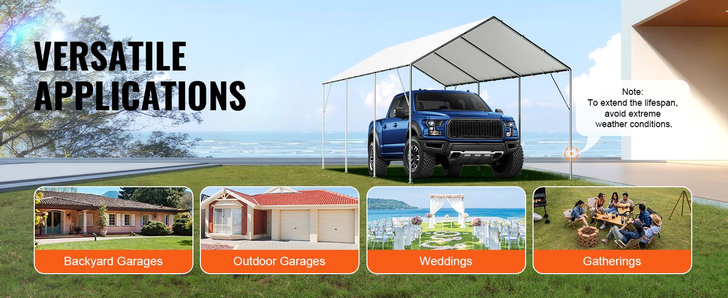 VEVOR 10 x 20 ft Carport Replacement Canopy Cover, TikTokShopBlackFriday, Garage Top Tent Shelter Tarp Heavy-Duty Waterproof & UV Protected, Easy Installation with 40 Ball Bungeess (Only Top Cover, Frame Not Include), White