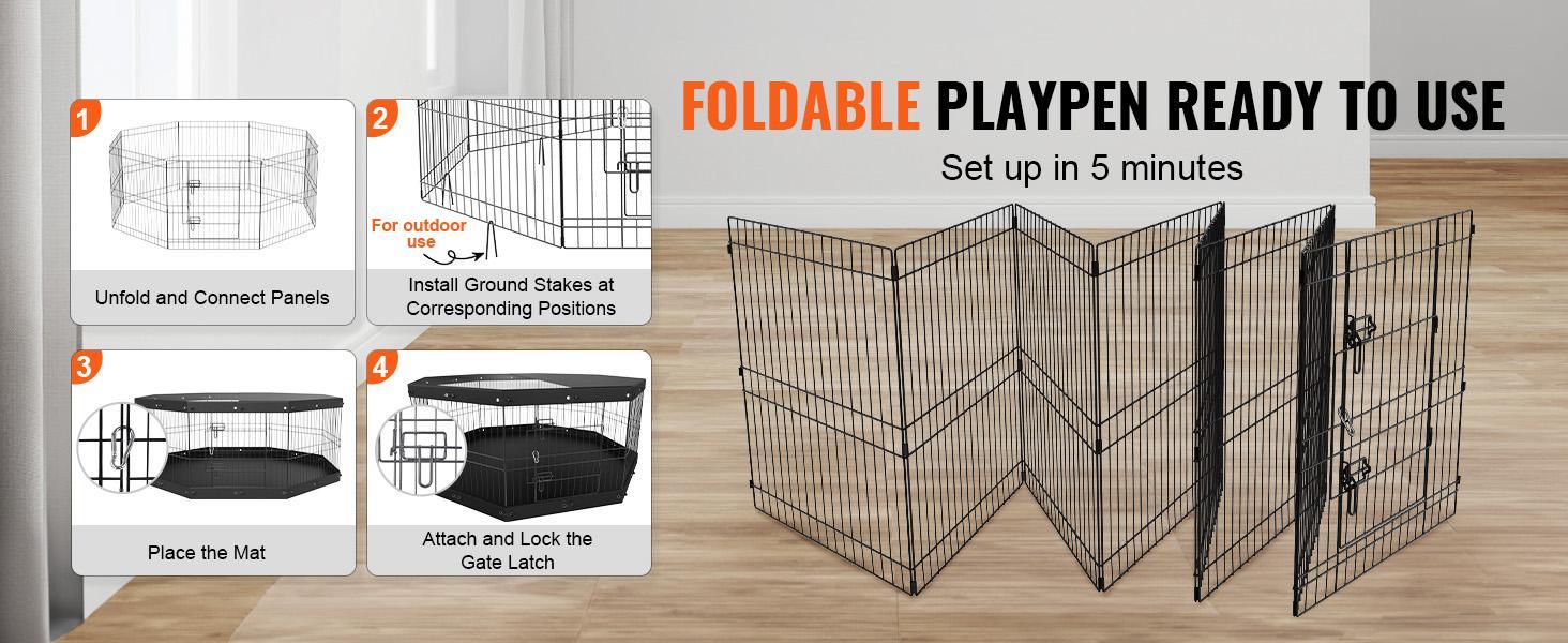 VEVOR Dog Playpen, 8 Panels Foldable Metal Dog Exercise Pen with Top Cover and Bottom Pad, 24" H Pet Fence Puppy Crate Kennel, Indoor Outdoor Dog Pen for Small Medium Pets, for Camping, Yard