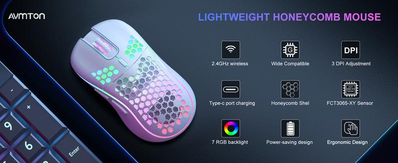 2.4G Wireless Mouse with RGB Backlit 6-Button 3-Speed DPI Type C Rechargeable Ergonomic Honeycomb Design Gaming Mouse