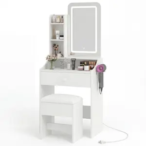 Small Makeup Vanity Desk with Dimmable Lighted Mirror, Vanity Table Set, Storage Drawers, Shelves & Stool for Bedroom