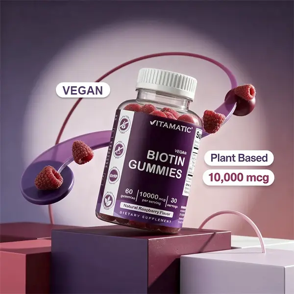 Vitamatic Biotin 10,000 mcg Chewable Beauty Gummies - 60 Vegan, Natural Raspberry Flavor, Gluten-Free, GMO-Free Supplements for Adults, Strong Hair Support, Hair Skin Nails Selfcare