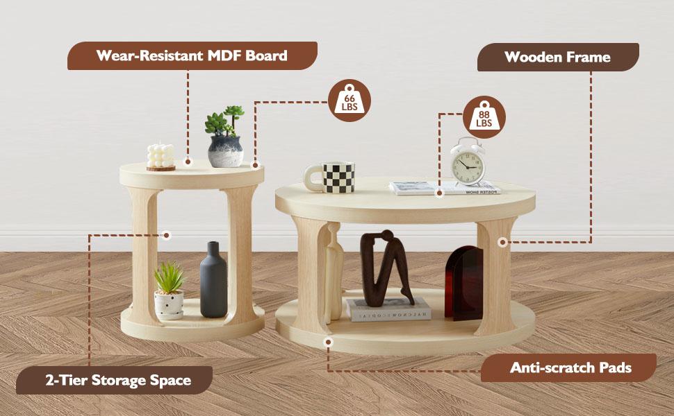 Giratree Coffee Table and End Table Set of 2, Round Coffee Table with 2-Tier Storage, Accent Side Table for Living Room
