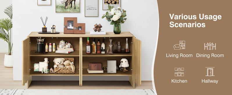 Giratree Sideboard Buffet Cabinet, Accent Storage Cabinet with 4 Doors, Farmhouse Wood Cabinet with Adjustable Shelves and Wave Panel for Living Room, Dining Room, Entry