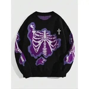 Unisex's Halloween Themed Skeleton Print Drop Shoulder Sweater, Loose Street Long Sleeve Round Neck Jumper for Fall & Winter, Fashion Unisex's Knitwear for Daily Wear