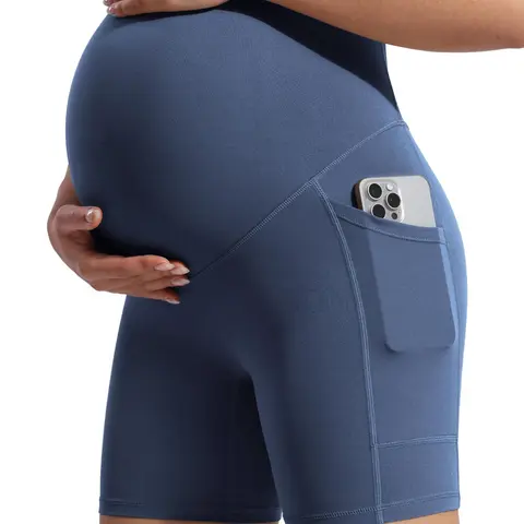 POSHDIVAH Women's Creamluxe Maternity Biker Shorts - Maternity Outfits, Over The Belly, 6 in/8 in Inseam, Pockets, No Front Seam, 81% Polyamide 19% Lycra for Flex, Cloud-Light Fabric, Stretchy Pregnancy Activewear, Yoga-Workout Use