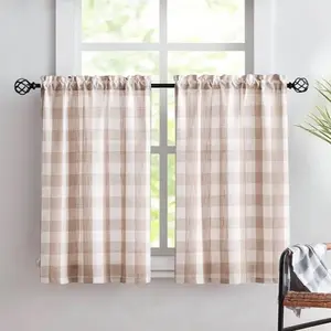 Treatmentex Plaid Country Kitchen Curtains 24inch Taupe Tier Curtain Set for Basement Laundry Small Windows Semi Sheer Bathroom Window Curtains 27" W x 2 Pcs