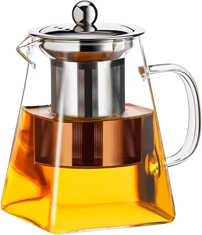 Glass Teapot Stovetop 18.6 OZ with, Borosilicate Clear Tea Kettle with Removable 18/8 Stainless Steel Infuser, Teapot Blooming and Loose Leaf Tea