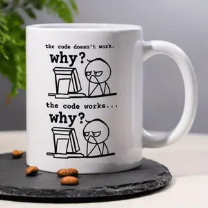 11oz Ceramic Coffee Mug Featuring The Code Doesnt Work Why Funny Programming Slogan Microwave Safe Durable Design Ideal Gift for Programmers Engineers IT Professionals Offices and Home Use Humorous Work Humor