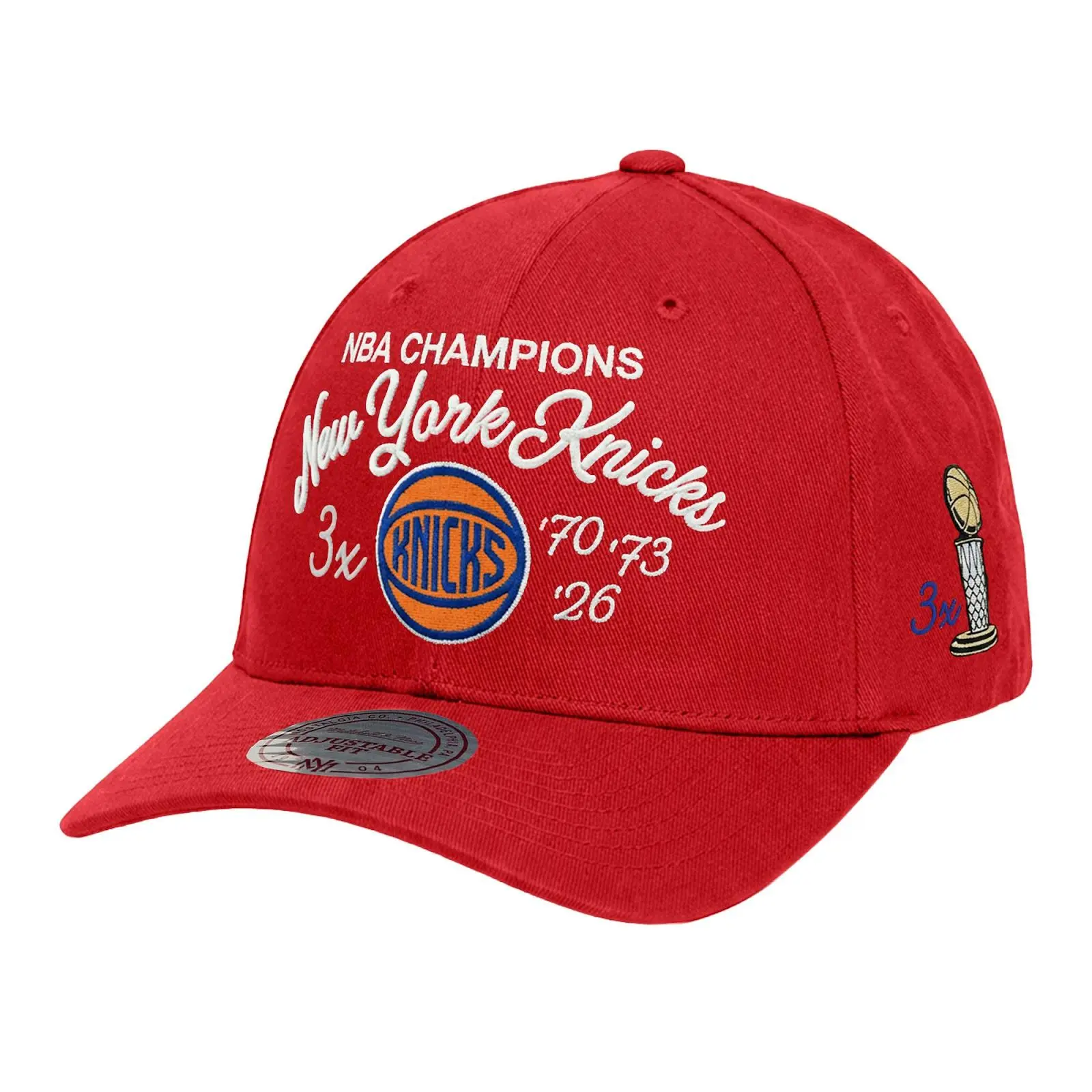 New York Knicks Red Three-Time NBA Finals Champions Script Low Pro Snapback Hat