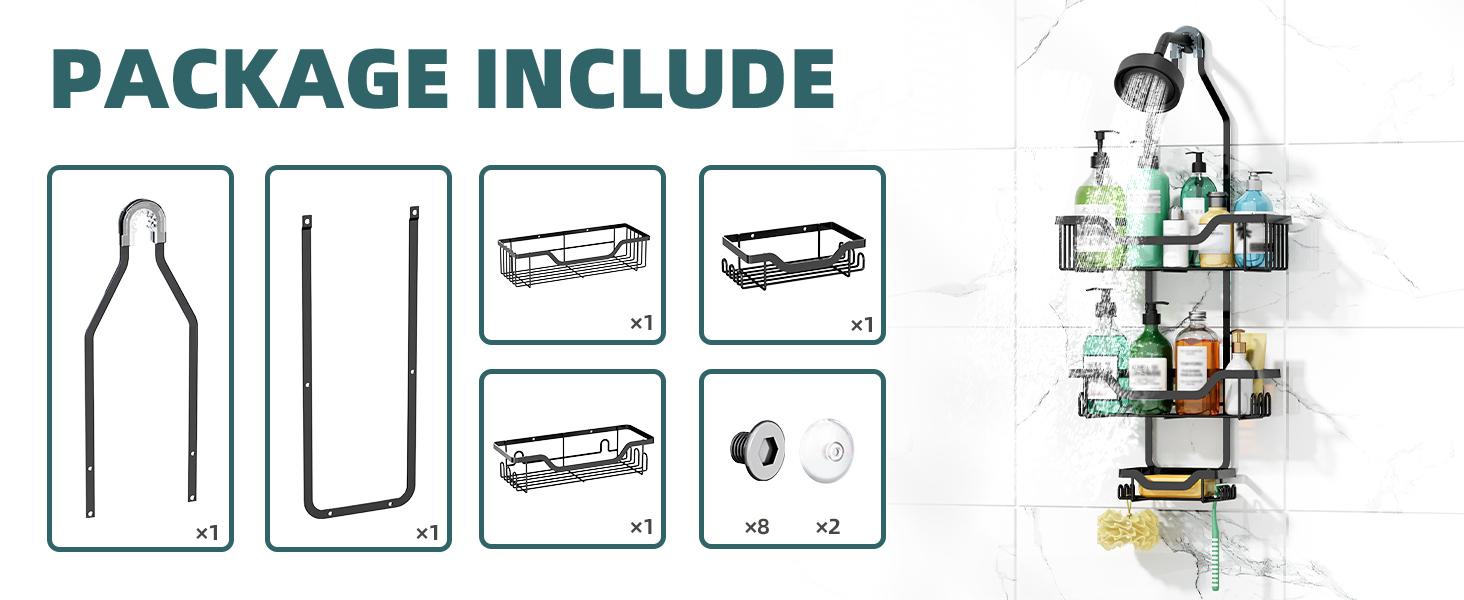 Shower Caddy Hanging Adjustable Shower Caddy, Rustproof Shower Organizer Extended Length Shower Caddies Over Shower Head with Hooks Soap Holder, Large Capacity Anti-Swing Bathroom Storage, Black