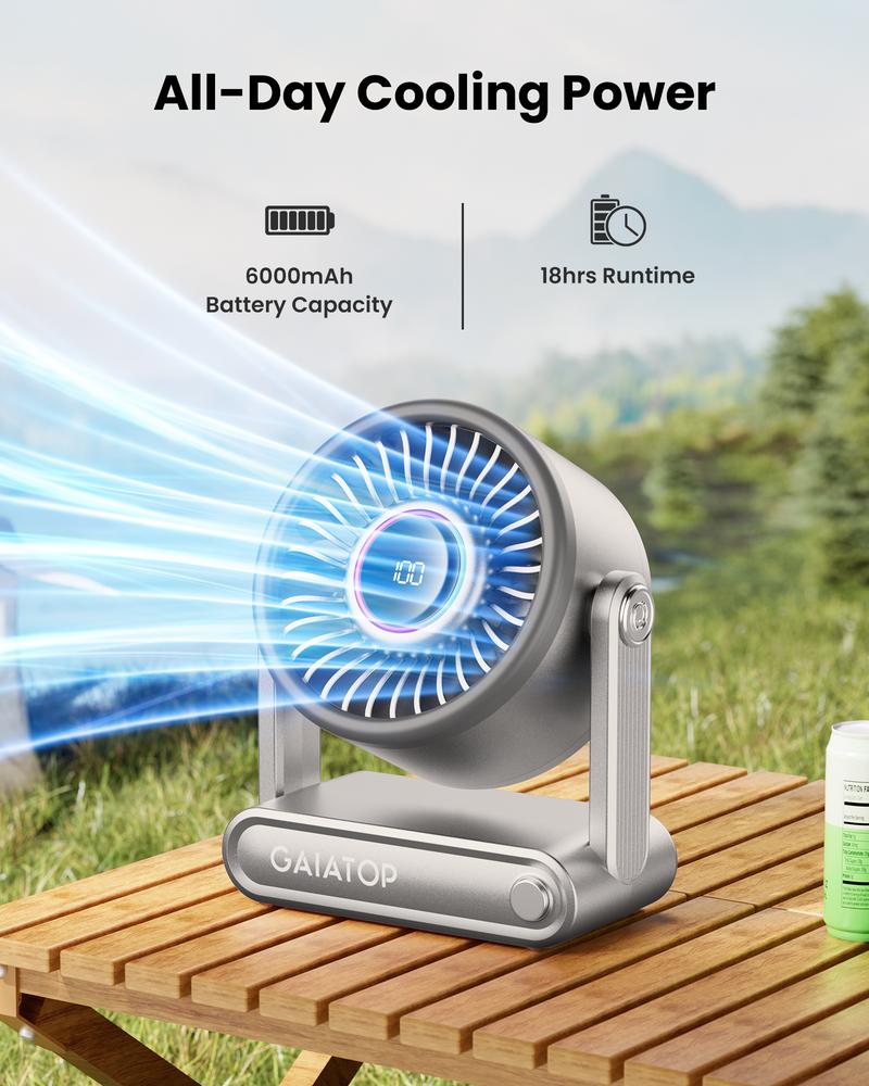 GAIATOP Personal Desk Fan Rechargeable 5in 6000mAh Battery-Powered Portable Cooling with Phone Charging 5-Speed Mood Light Perfect for Bedroom Dorm Office Travel Must-Have Summer Gift for Women Girls