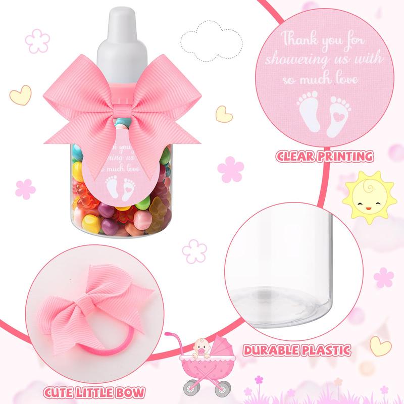 24/48 Pcs Baby Shower Prize Mini Baby Bottles Chug Plastic Milk Bottles Candy Baby Bottles with Thank You Showering Stickers and Bows Thank You Gifts for Guests,Birthday Party Baby Shower Favors Gift