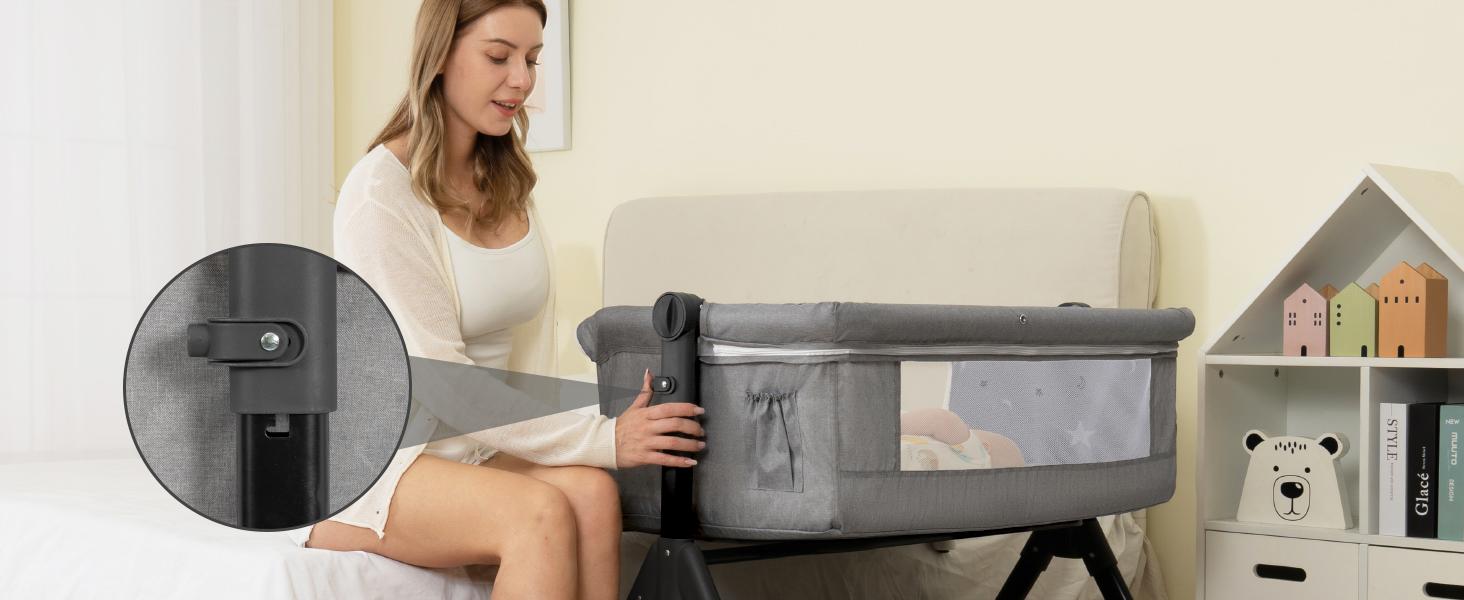Baby Bassinet Sleeper, 6 Height Adjustable Cribs, Easy to Fold Portable Crib Side Bassinet, Swing Cradle Bed Side Sleeper with Ventilated Net&Wheels Folding Cot Layer Floorbed