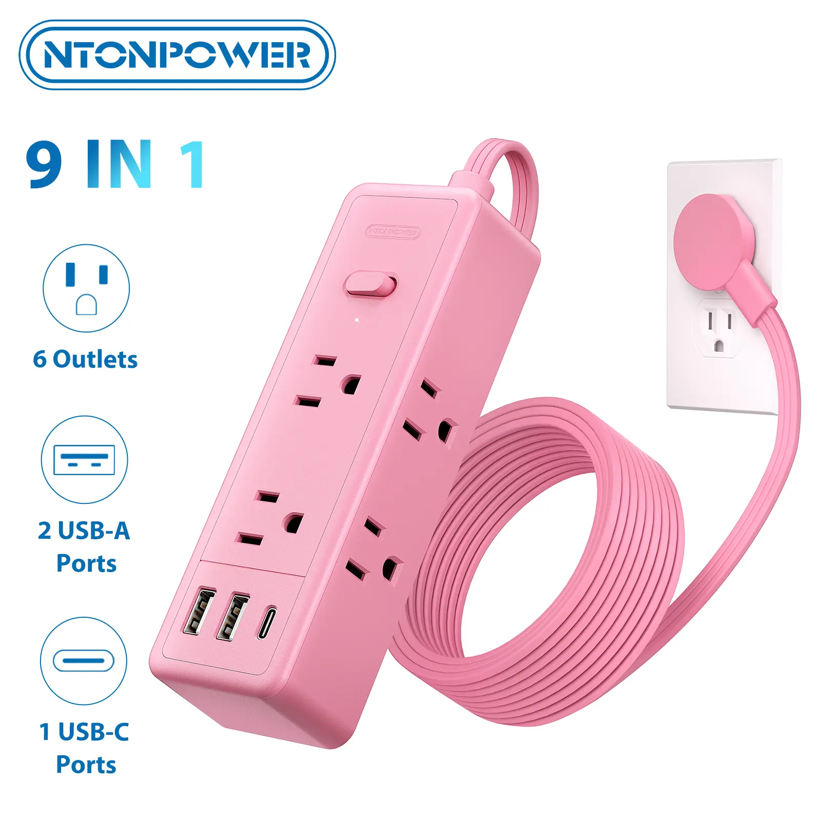 NTONPOWER 10FT Pink Extension Cord Kawaii Power Strip with 6 AC Outlets & 2 USB A Ports 1 USB C Compact for Cute Pink Kawaii Desk Home Essentials,flat extension cord,couch nightstands desk,home improvement backtoschool home decor
