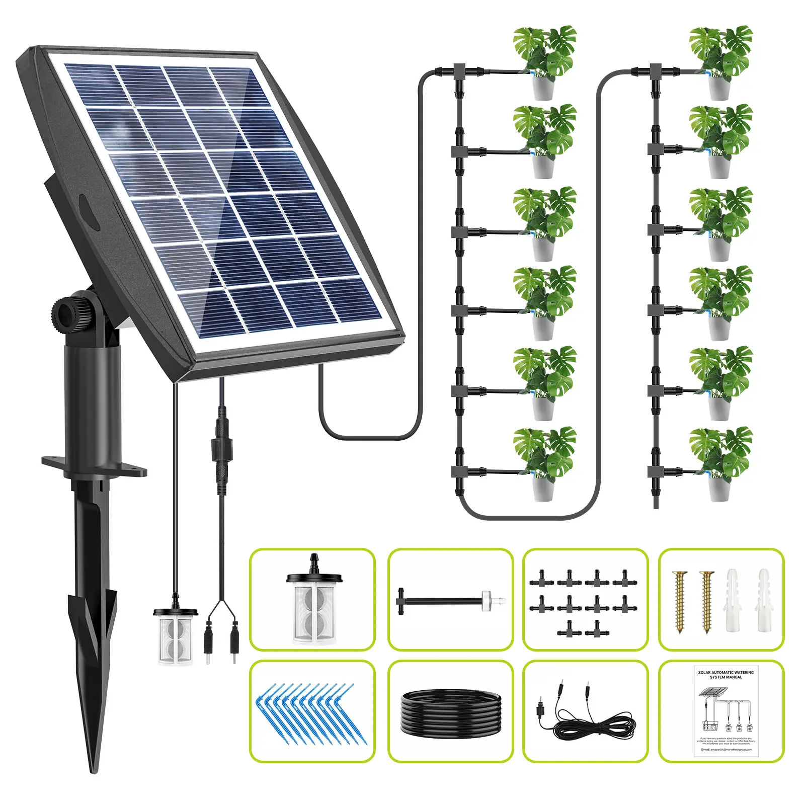 Solar Drip Irrigation Kit - Automatic Plant Watering Equipment for Garden & Pots, Supports 10 Pots, 5min Cycle Example, Bucket-Fed Supply, DIY Layout in Mins, Low-Water Alarm, Ideal for Busy Plant Lovers, Kit Set
