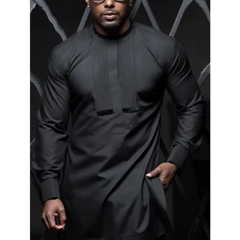 Urban 2 pcs-set Menswear, Crewneck Shirt and Drawstring Trousers For Dates, Street, Party, Cool Casual Look, Chest Pleats Design, Overall Black, Style Essential, Trendy, Classic, Seasonal, Viral Style, Lookbook Style