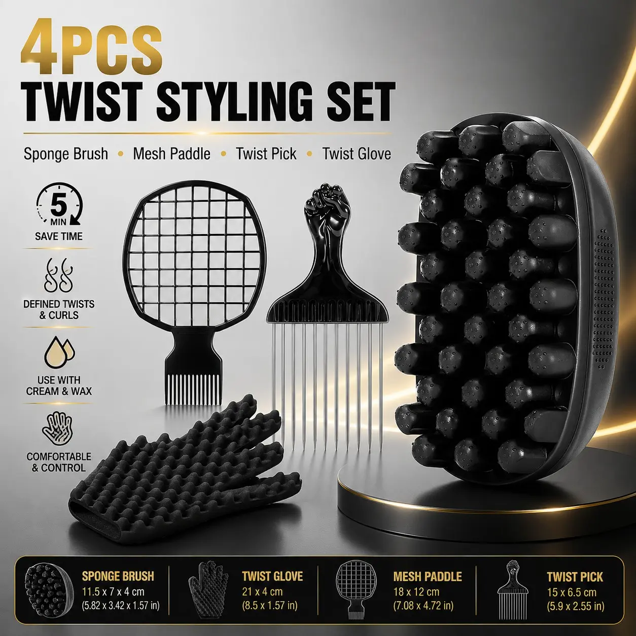 4PCS Afro Curl Styling Kit for Black Hair, Twist Sponge Brush, Brush for Curly Hair, Dual-Head Metal Pick, Curl Comb with Metal Pick & Scalp Massage Tool Set for Natural Coils, Locs, Waves & Daily Hair Styling, Hair Styling Tools