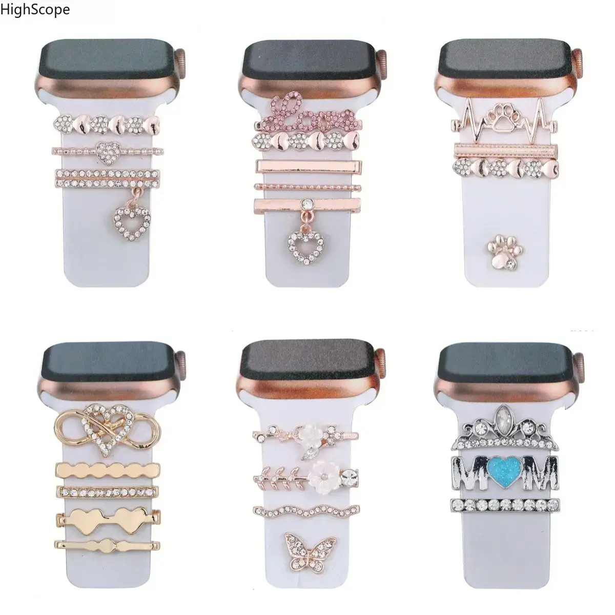 Rhinestone Decorative Charms Set, Metal Ornament Rings & Studs for Apple Watch Silicone Bands