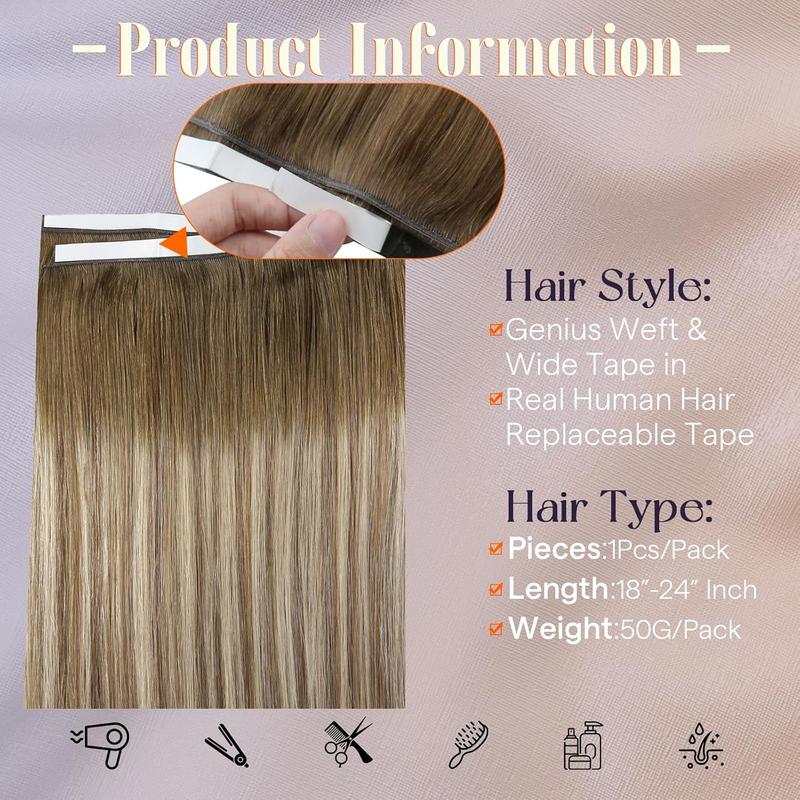 Full Shine Tape in Hair Extensions Genius Pu Genius Weft Wide Tape in Extensions Daily Office Look 20Inch 50G One Piece Double Sided Adhesive Remy Extension