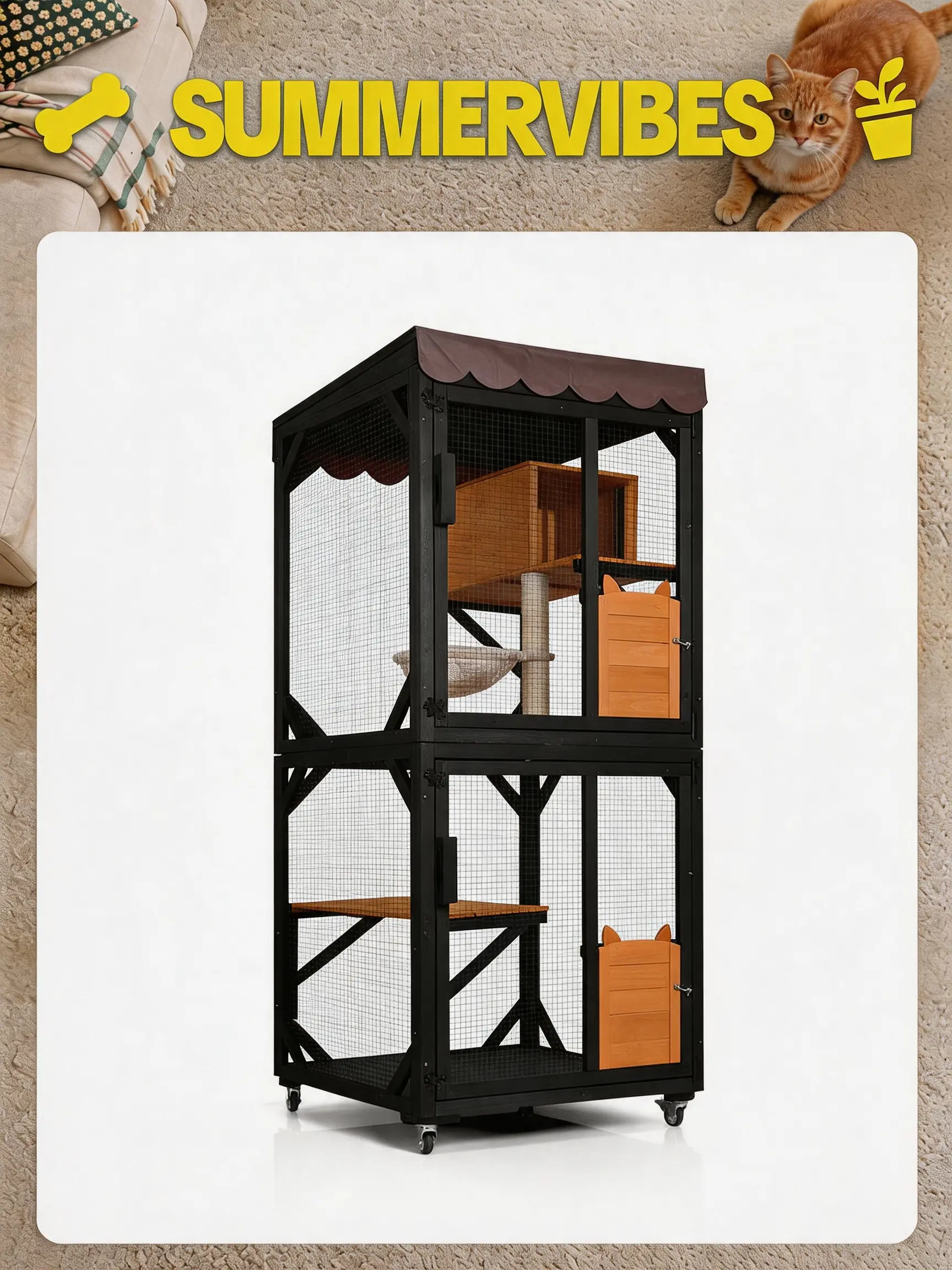Aivituvin-Large/Medium Outdoor Cat Enclosure With wheels,Catio,Scratching Post and Hammock,Cat Enclosure For Indoor Cat,Patio furniture set,outdooor cat furniture