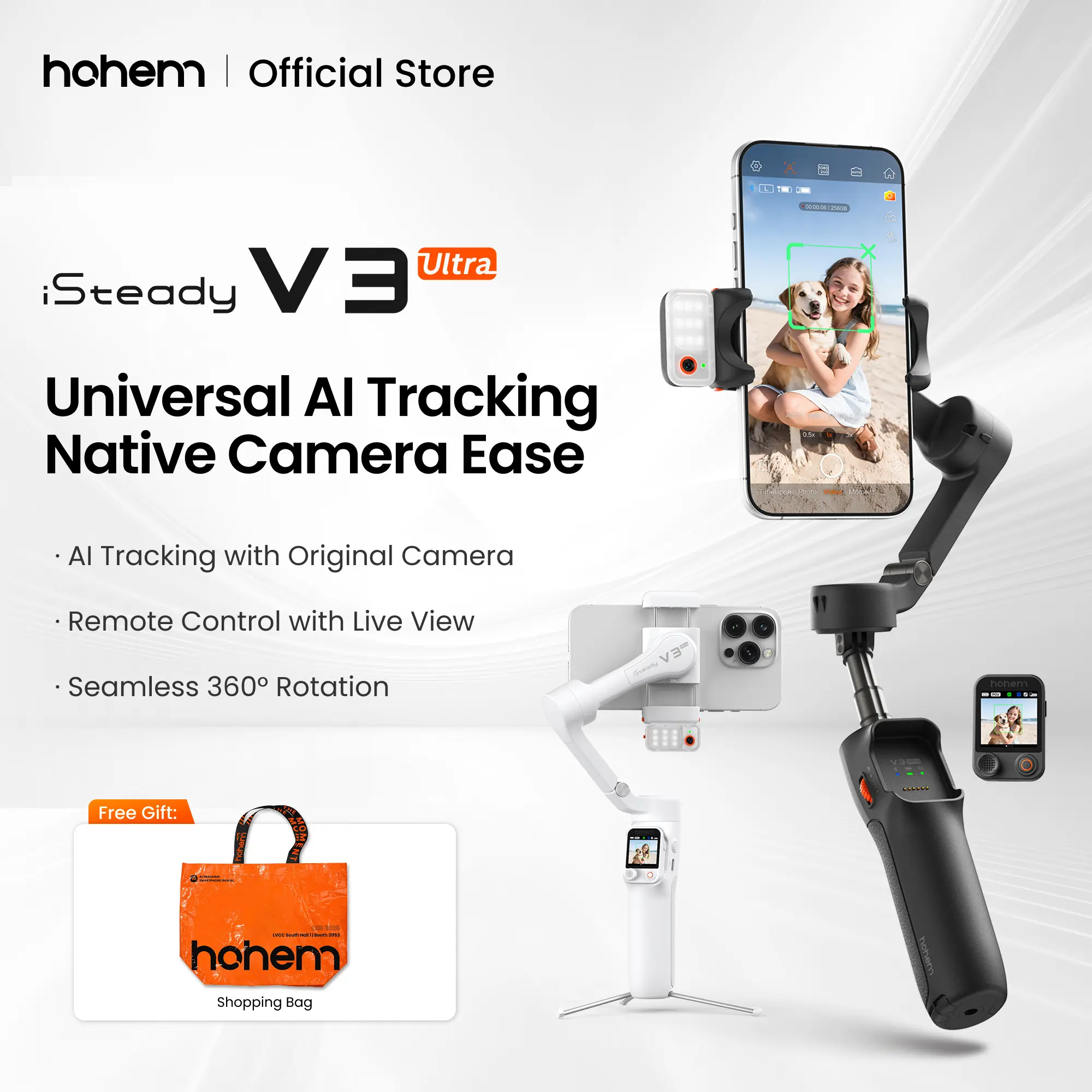hohem iSteady V3 Ultra Gimbal,Detachable Touchscreen Remote,Advanced AI Tracking with any App,360° Infinite Pan Tracking,Select People&Obeject on Touchscreen to Track,3-Color Fill Light,3-Axis Stabilization
