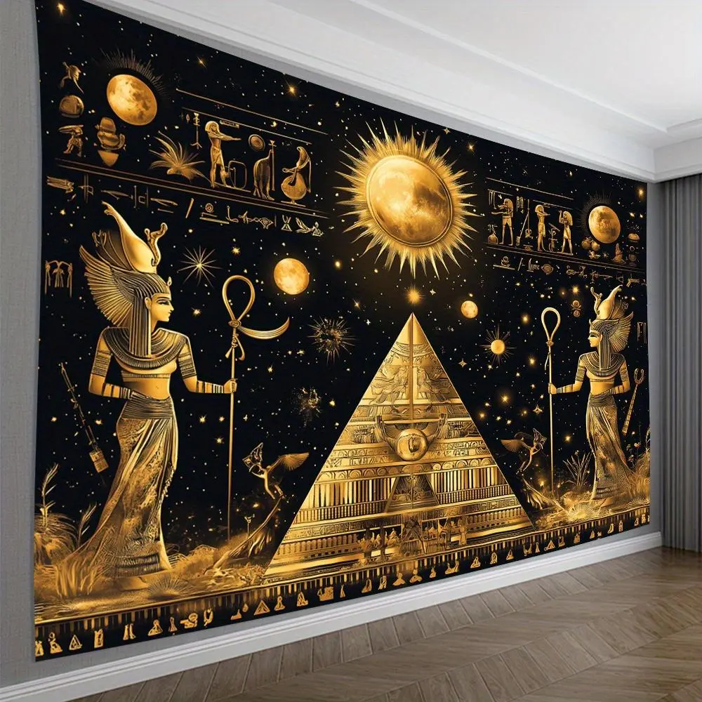1PC Polyester Tapestry Wall Mural Banner - 2D Flat Egyptian Golden Civilization Themed, Pyramid & Sun God Design, Multicolor Exotic Home Decor Supplies, Gender Neutral Festive Backdrops & Banners for Bedroom Birthday Outdoors