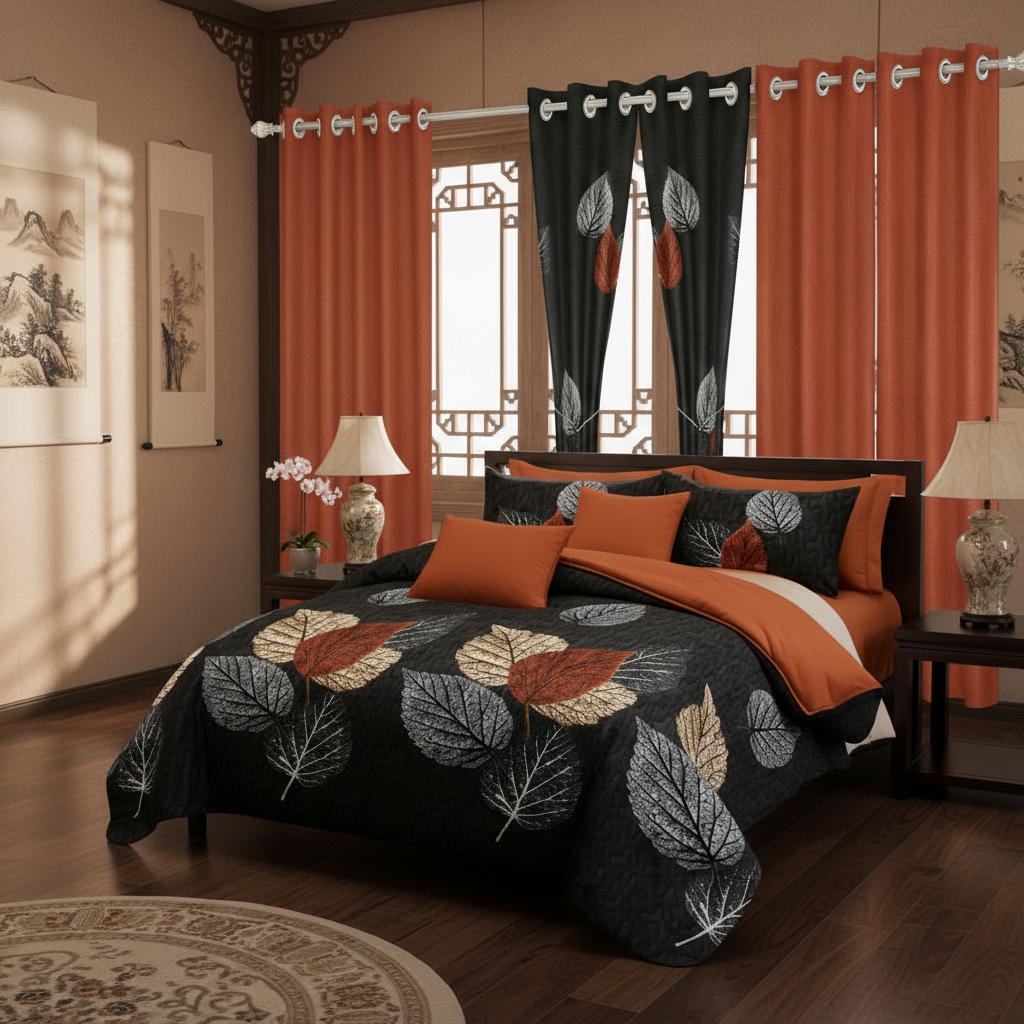 Leaf Print 9-Piece Luxury Bedspread Set with 6 Curtains, Complete Thin Quilt Collection, Hotel Quality All-Season Microfiber, Ultra Soft & Breathable, for Queen/King/Cal King | Valentine's Day #BedroomGoals #ComfyBedSets