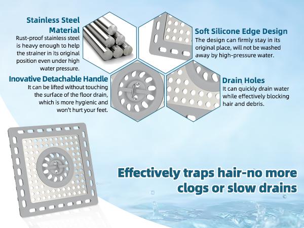 Hibbent Upgraded Shower Drain Hair Catcher, Shower Drain Cover for Bathroom Floor 4" Drain, Anti-Clogging Bathtub Drain Strainer, Stainless Steel Kitchen Sink Drain Strainer with Handle, Grey