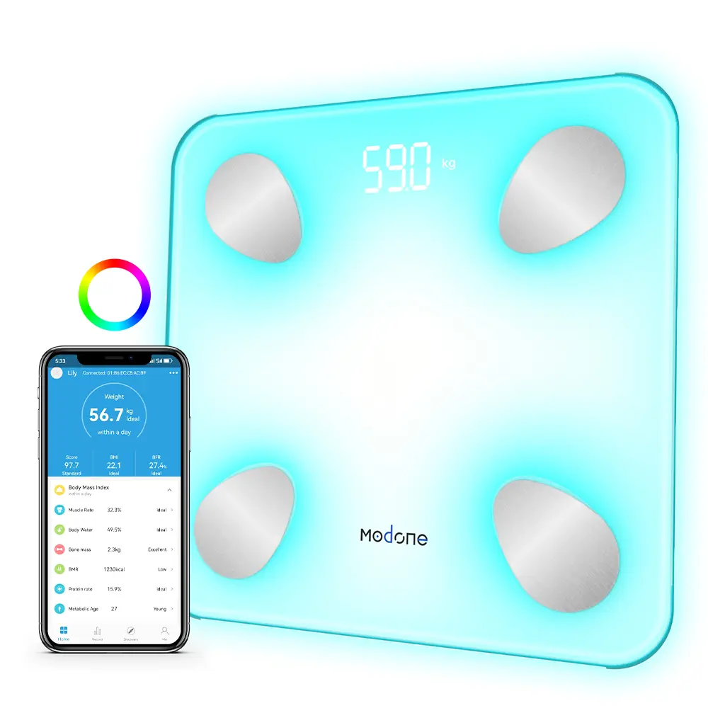 MODONE Smart Scale for Body Weight, Digital Bathroom Scale for BMI, Bone Mass and Body Fat, 7-Color Glowing Remote Display, Body Composition Monitor with Smartphone App Connection, Body Indicator Improvement Suggestion