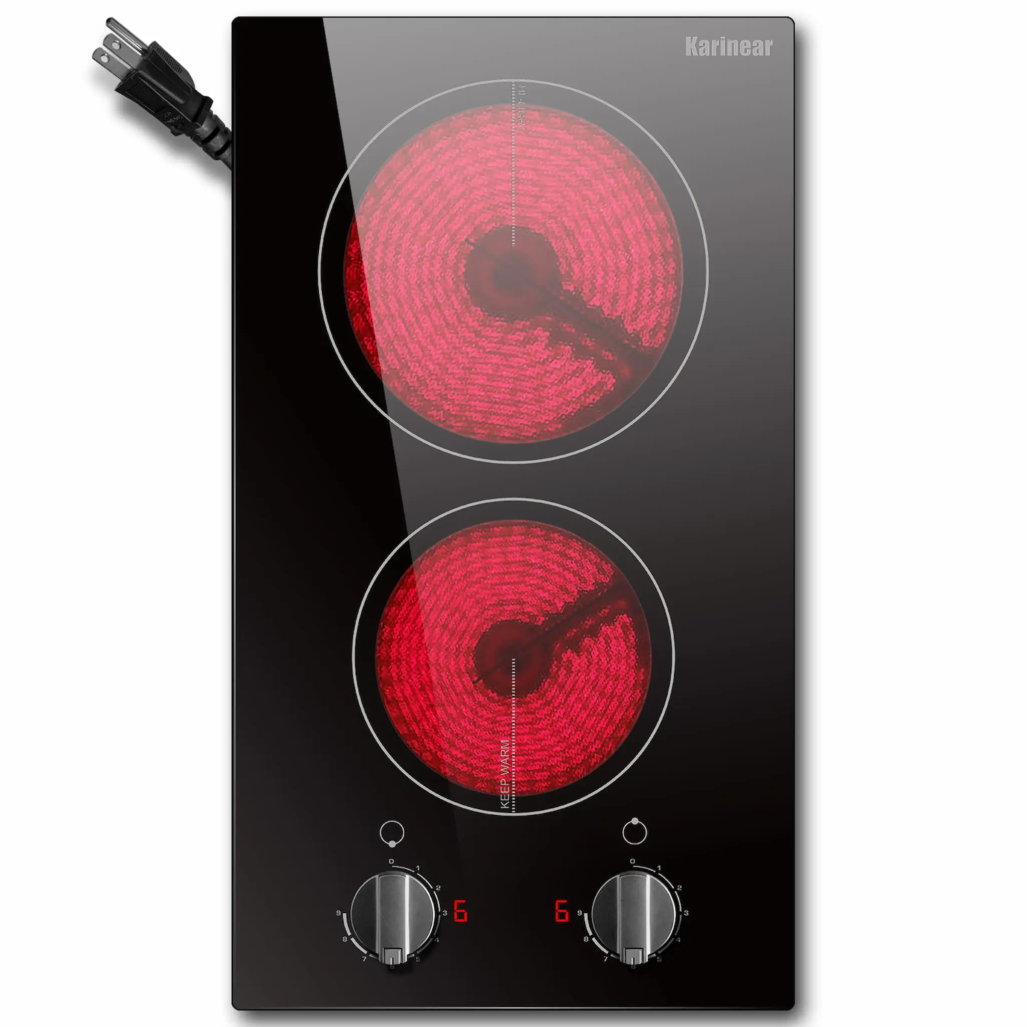 Karinear 2000W Portable Electric Induction Hob - Dual Burners, 12" Countertop Fit, Knob Heating Control, 9 Heating Levels, Glass Surface, Any Pan Compatible, Child Safety Lock, Over-Temperature Protection, 110V Plug & Play, Ideal for Poor Eyesight Users,