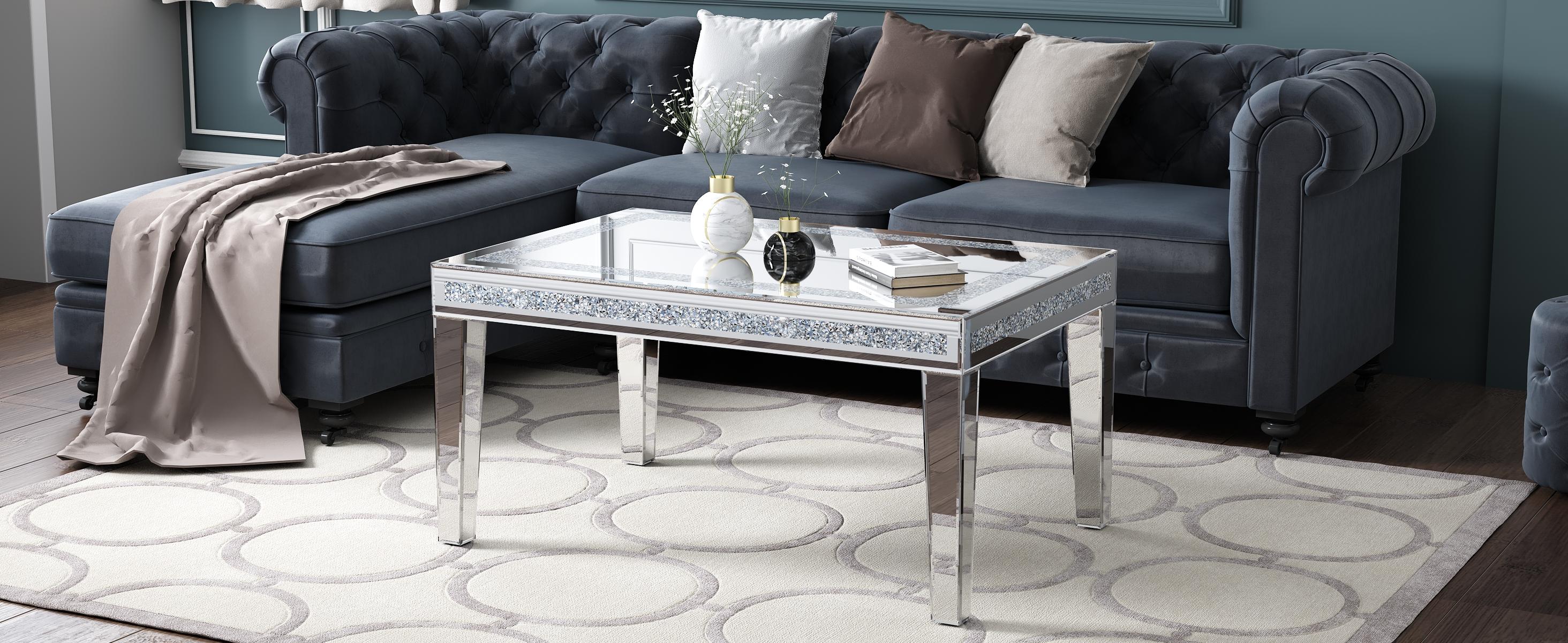 BLINGWORLD Rectangle Coffee Table with Crystal Inlay Mirrored Silver Accent Table