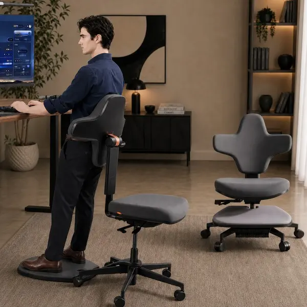 Newtral Standing-Mate Ergonomic Modern Computer Office Chair - Cloud-Soft Foot Pad, Flip-Over Backrest, Height-Adjust, Lean-to-Stand Support, Rolling Wheels, Durable Metal Steel Frame for Sit & Desk Work