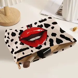 Cow Print Red Lips Makeup Bag | Corduroy Cosmetic Pouch for Travel & Daily Use