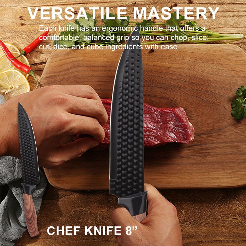 9-Piece Kitchen Knife Set - Black Chef Knife Set with Sharp Blades, Non-Stick Stainless Steel Cooking Knives Set, Ergonomic Wood Grain Handle, Aesthetic Kitchen Knives,Meat Knife Block