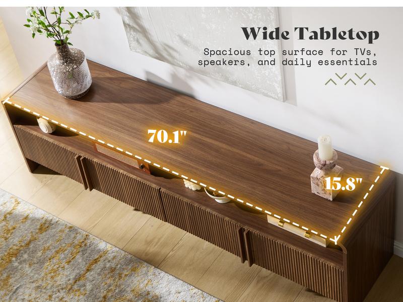 AMERLIFE 70" Modern TV Stand for TVs Up to 80", Wood TV Console with Curved Profile Design & 2 Storage Cabinets, Media Console Entertainment Center for Living Room, Bedroom/Best Gift Ideas/Christmas Gifts