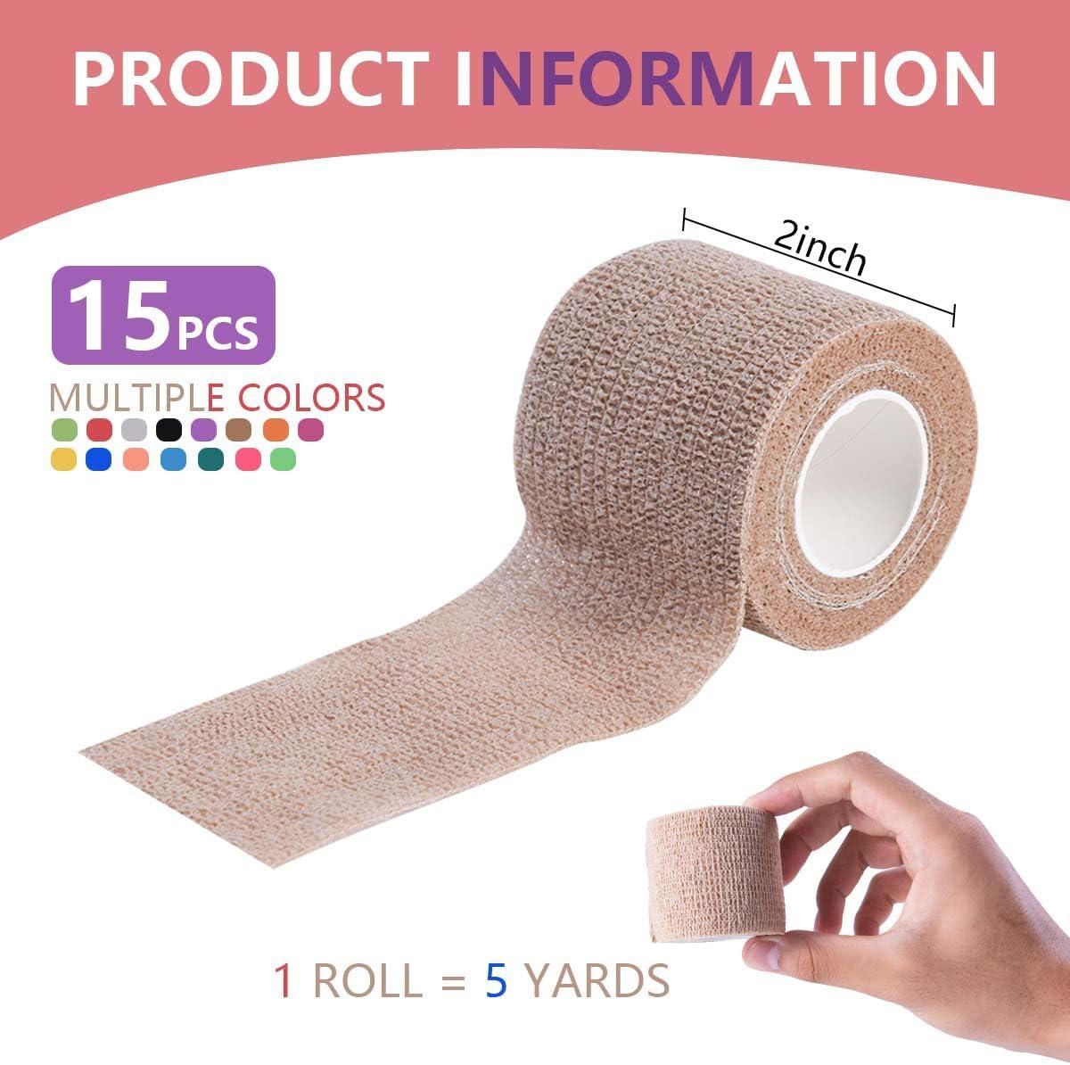 15 Roll Self-Adhesive Cohesive Bandage Wrap - Adjustable Elastic Non-Woven Sports Tape, 200%+ Stretch Support for Ankle/Elbow Sprain Relief, Essential Mini Fitness Accessory