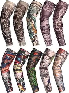 20 Pcs Men's Cooling Arm Sleeves Long Fingerless Arm Cover Anti Slip UV Protection Sun Temporary Tattoo Sleeves