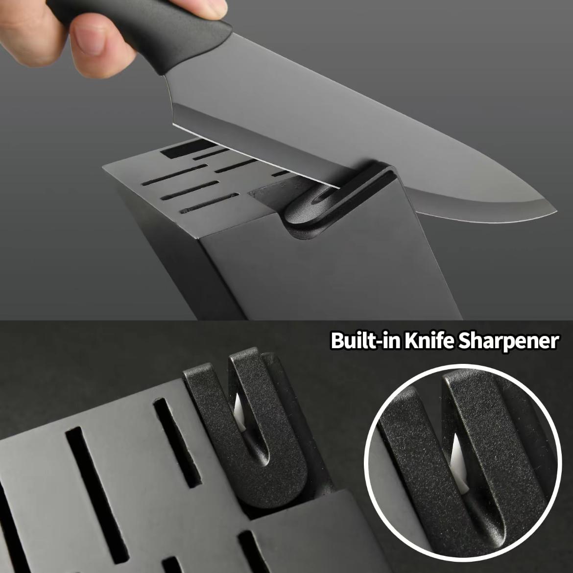 15-piece stainless steelknife set with built-in sharpener. Includes kitchenknives, a chef's knife, a Japanese knife, a meatcleaver, a bread knife, a steak knife, a utility knifea paring knife, and scissors. Kitchenware Block CuttingWood Container Wooden