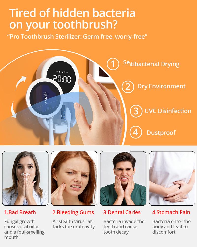 iHave Toothbrush Sanitizer Holder, UV Toothbrush Holders with 100M Negative Ions for 360° Disinfection, Electric Toothbrush Holder for Wall Mounted Toothbrush Organizer, Toothbrush Sanitizer and Holder – Bathroom Organizing Essential with Fan Drying - B