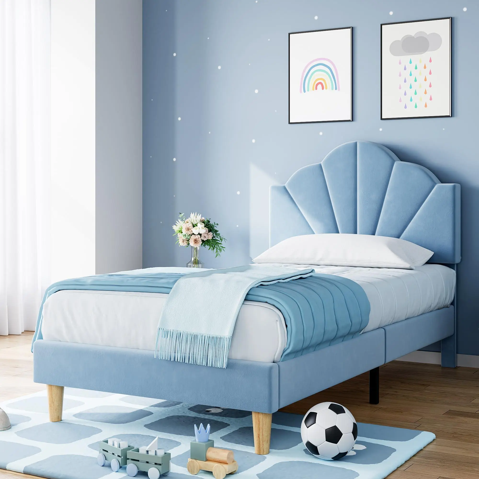 Elegant Upholstered Twin Blue Bed Frame with Shell Headboard, Velvet Finish, Adjustable Headboard, Sturdy Wood Slat Support, Twin Bed Dimensions, Noise-Free, No Box Spring Needed, Elegant Upholstered Bed