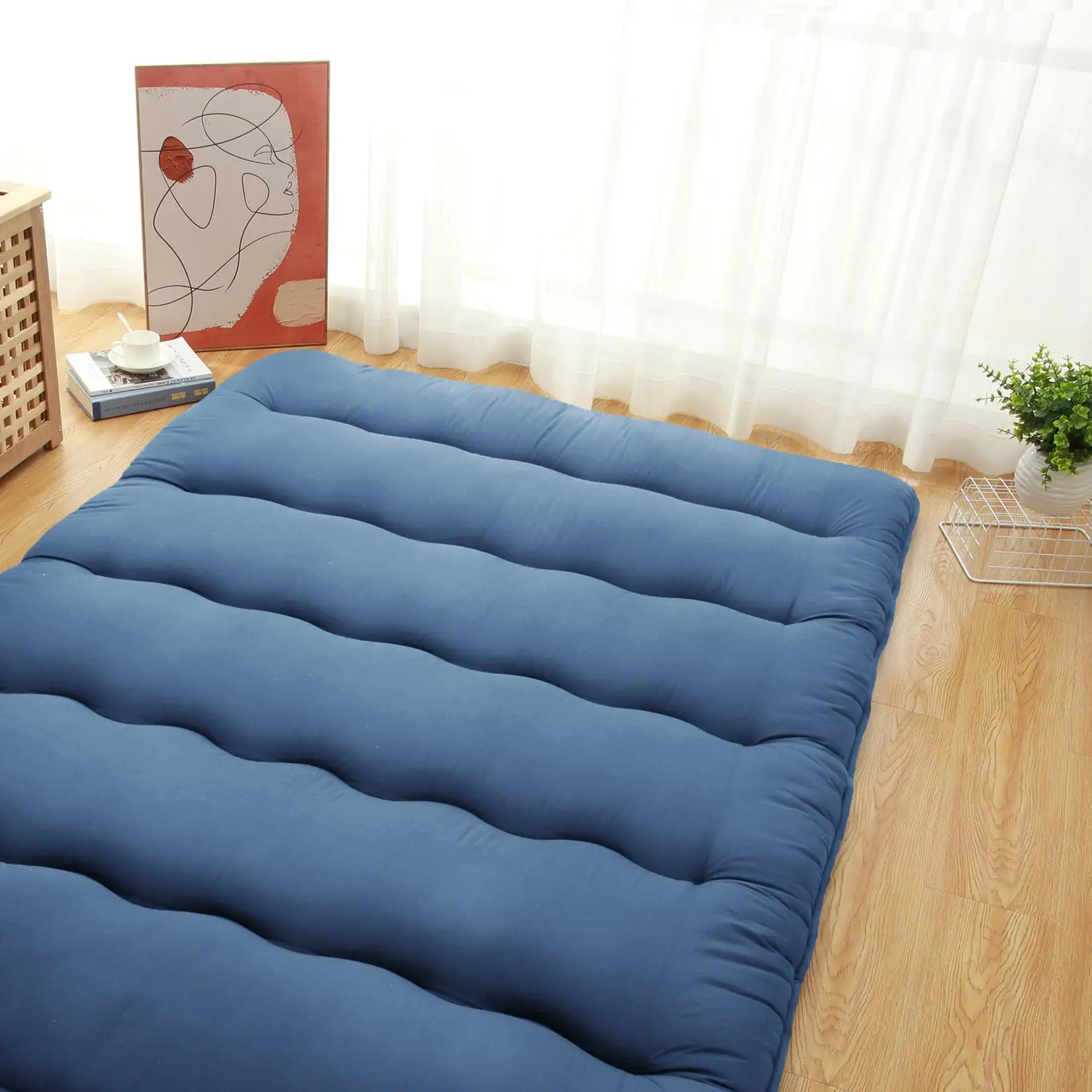 GARVEE Futon Mattress - Twin/Full Sizes, 5-Layer Microfiber Cotton Support, Foldable & Rollable for Floor Sleeping, Camping, Guest Rooms. Ideal Tatami Mat & Travel-Friendly Mattress Pad in Wave Navy & Dark Grey. Versatile Versatile