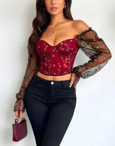 Dalexa Top -FLORAL EMBROIDERY & SHEER SLEEVES CORSET CROP TOP