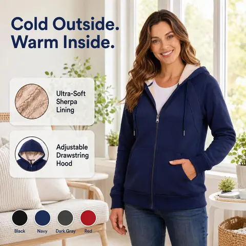 MoFiz Women's Minimalist Casual Sherpa-Lined Zip Hoodie Jumper - Attached Hood, Kangaroo Pocket, Warm Fleece Top for Women, Daily Wear & Outdoors