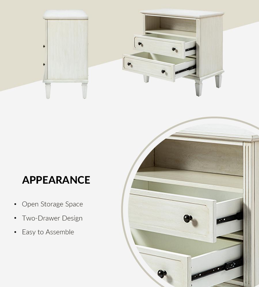 Hulala Galatea 2 - Drawer Solid Wood End Table with Two Drawers, Solid Wood Legs, Wire Management, Unique Handles, Vintage Design, Bedside