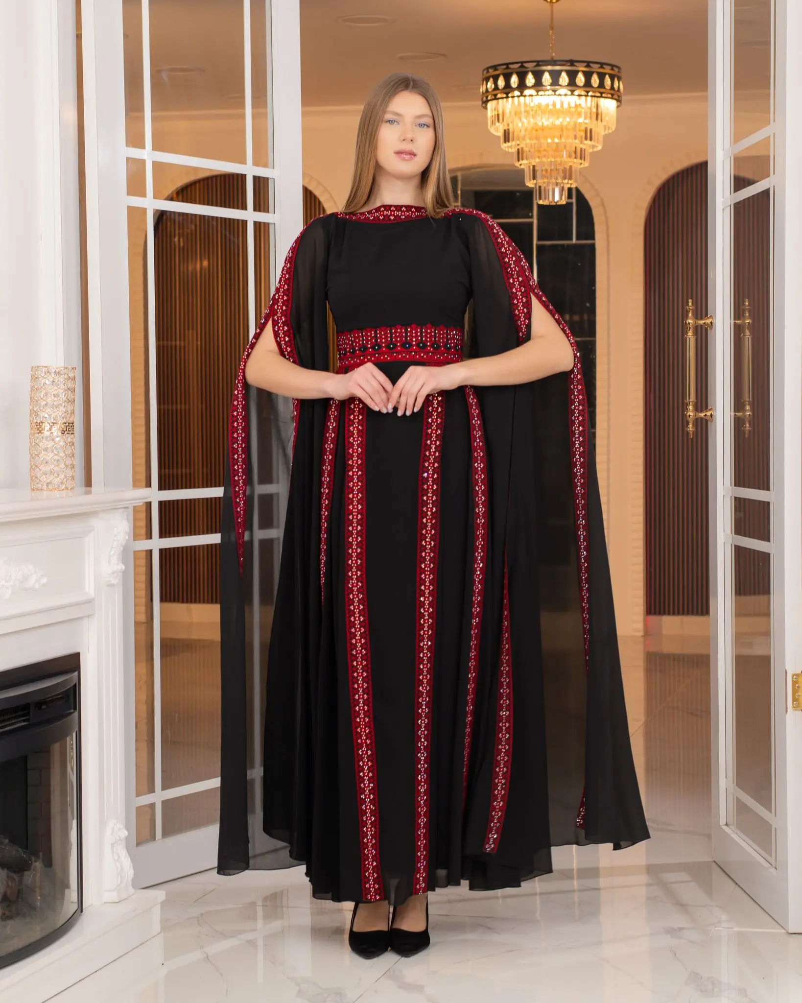 Women's Embroidered Cinderella Bridal Thobe - Modest, Breathable, Elegant Fit Arabic Dress with Shawl - Ideal for Eid, Ramadan Ceremonies, Gifting